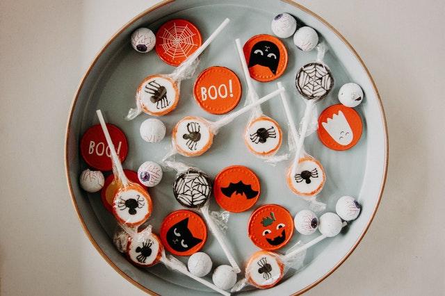 tray of Halloween themed candies and treats